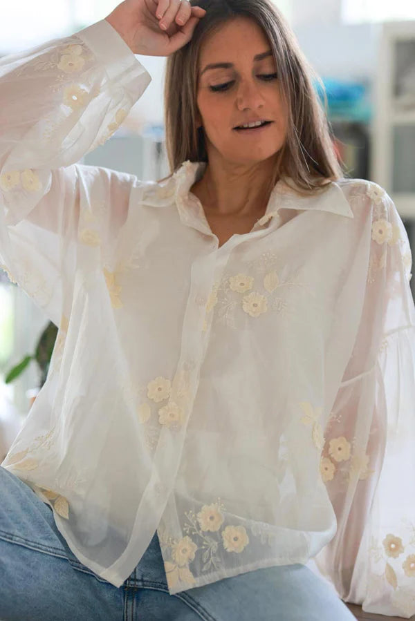 Cream Embroidered Floral Silken Blouse