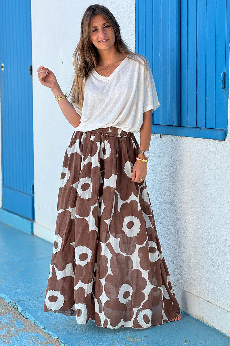 Cream Floral Maxi Skirt with Pockets