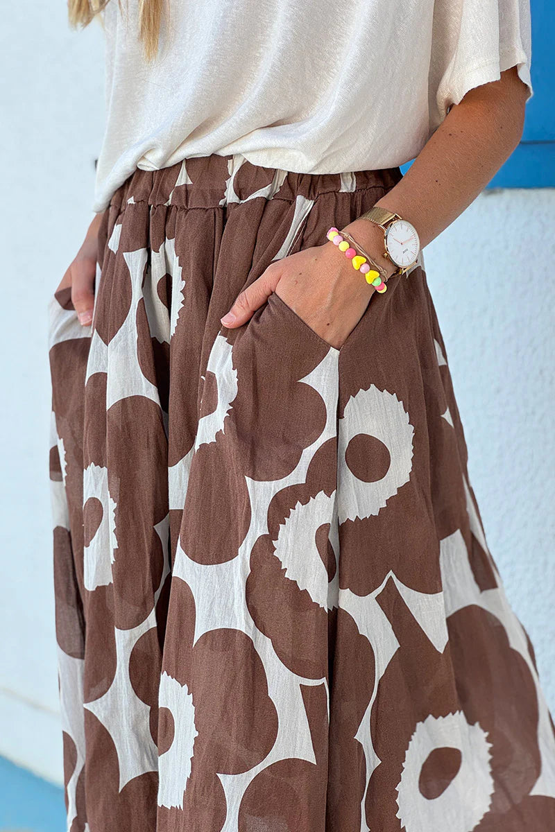 Cream Floral Maxi Skirt with Pockets