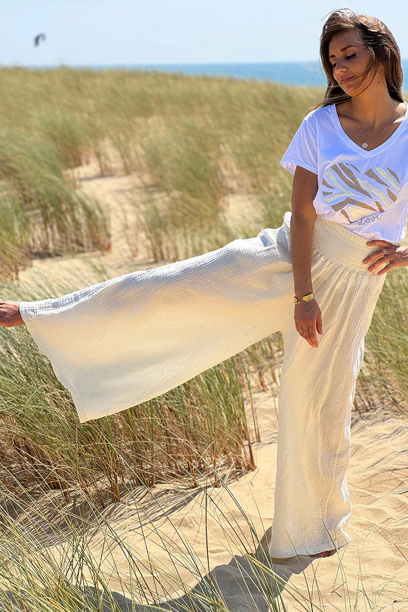 Cream Gauze Wide-Leg Pants