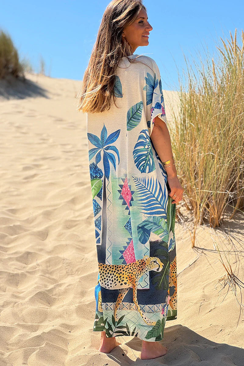 Cream Glitter Knit Gilded Parrot Tropical Print Caftan