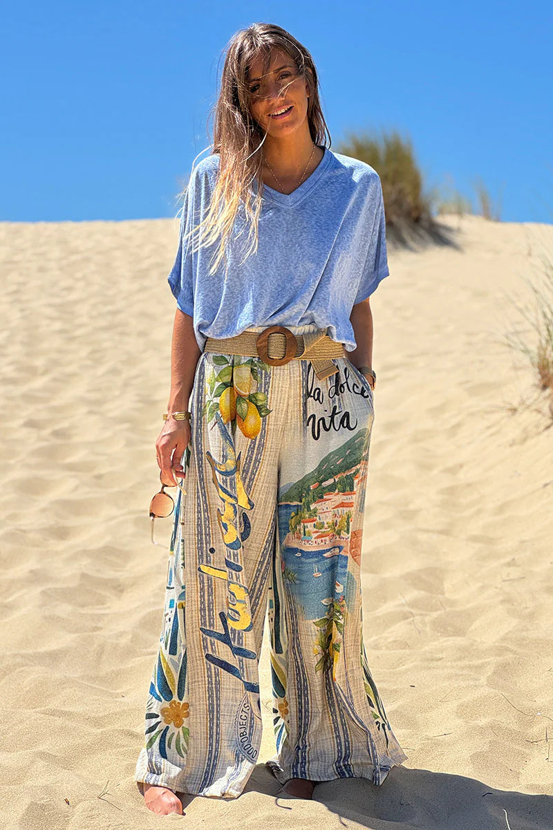 Cream “Italian Summer” Pull-On Pants
