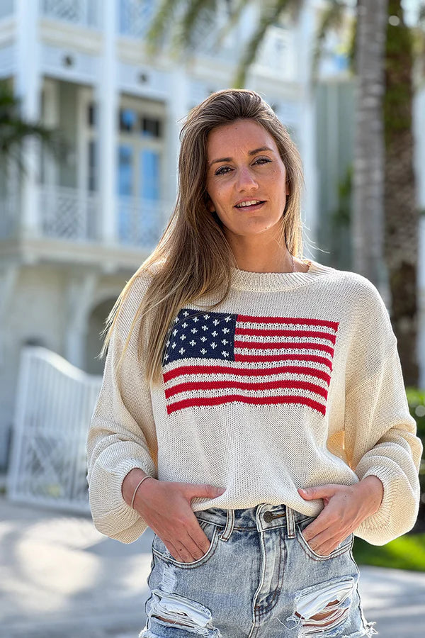 Cream Knit American Flag Sweater