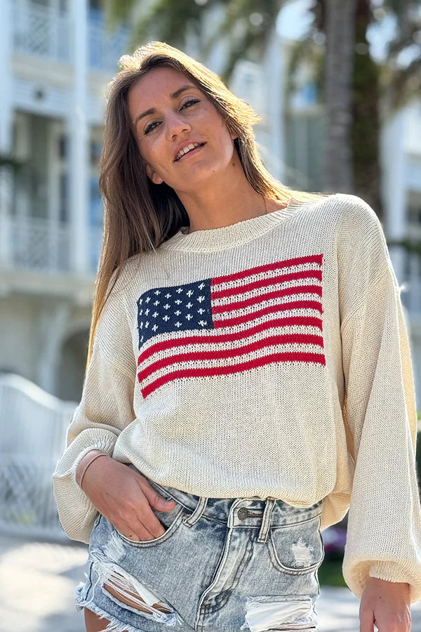 Cream Knit American Flag Sweater