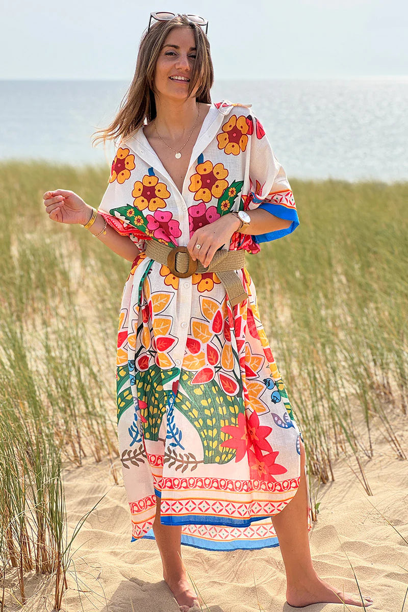 Cream Lotus Border Print Tiki Caftan