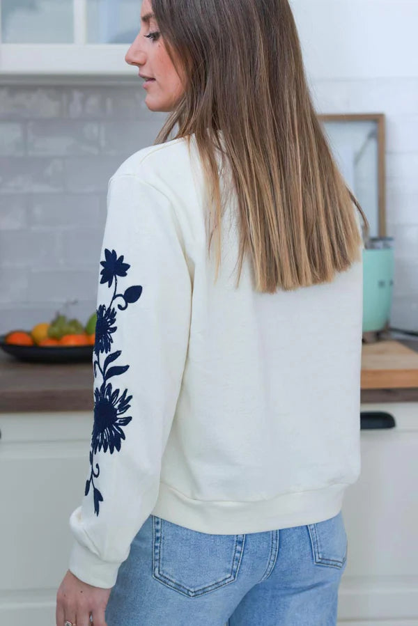 Cream and Navy Blue Embroidered Floral Sleeve Sweater