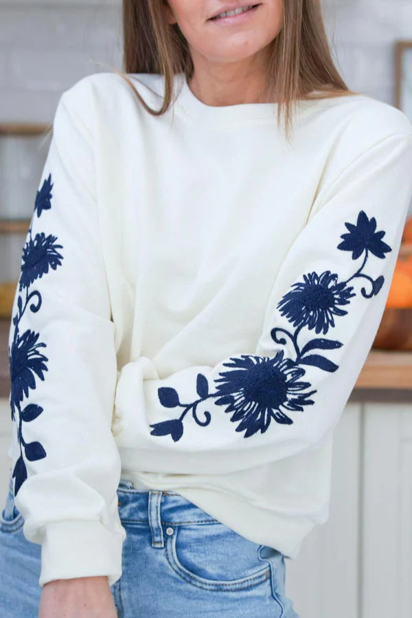 Cream and Navy Blue Embroidered Floral Sleeve Sweater