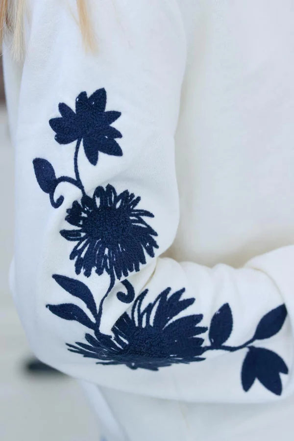 Cream and Navy Blue Embroidered Floral Sleeve Sweater