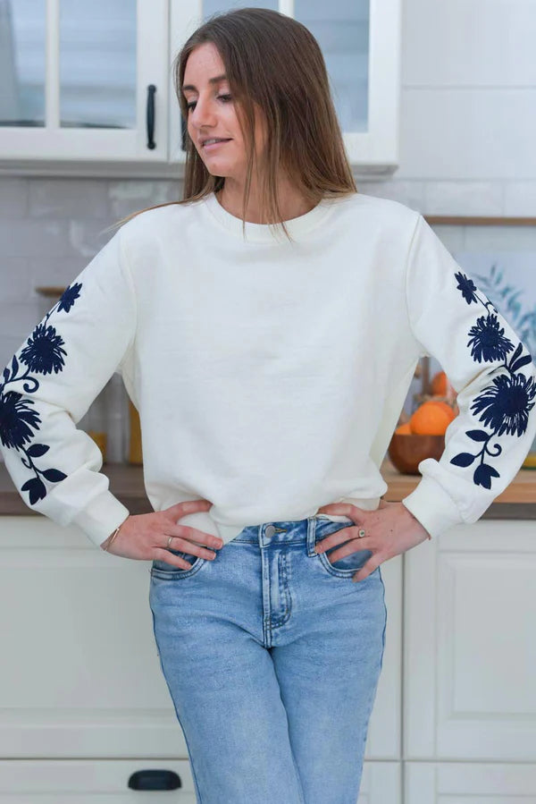 Cream and Navy Blue Embroidered Floral Sleeve Sweater