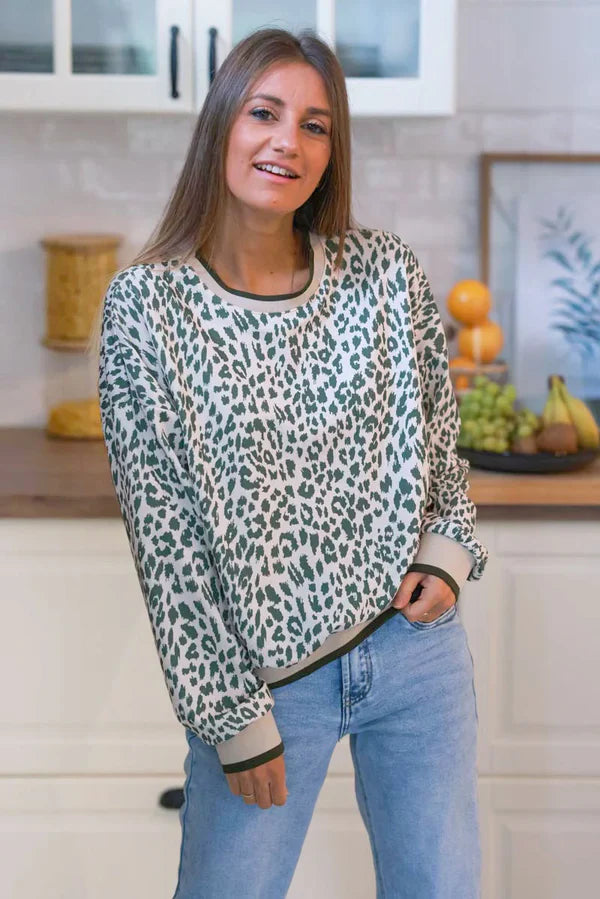 Cream and Olive Green Leopard Print Sweater