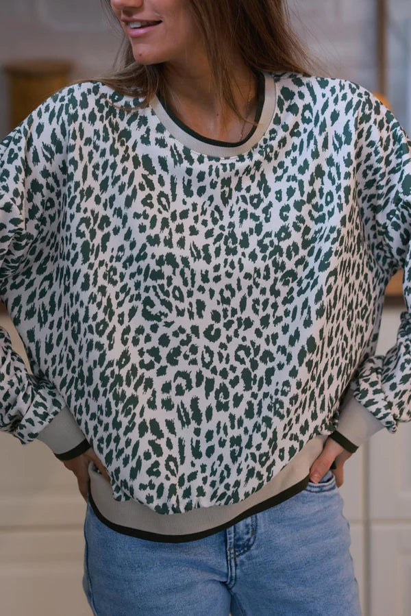 Cream and Olive Green Leopard Print Sweater