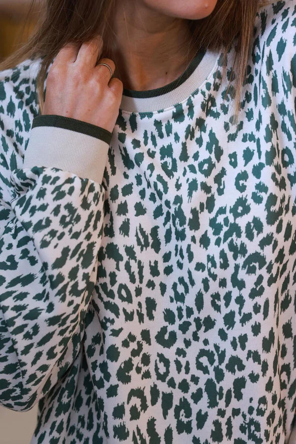 Cream and Olive Green Leopard Print Sweater