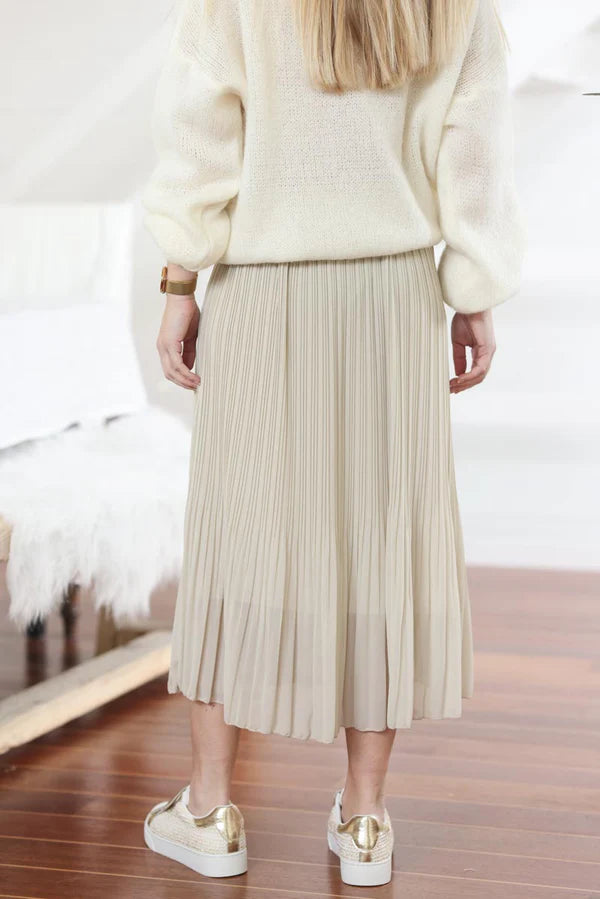 Cream pleated maxi skirt with elasticated glitter waistband