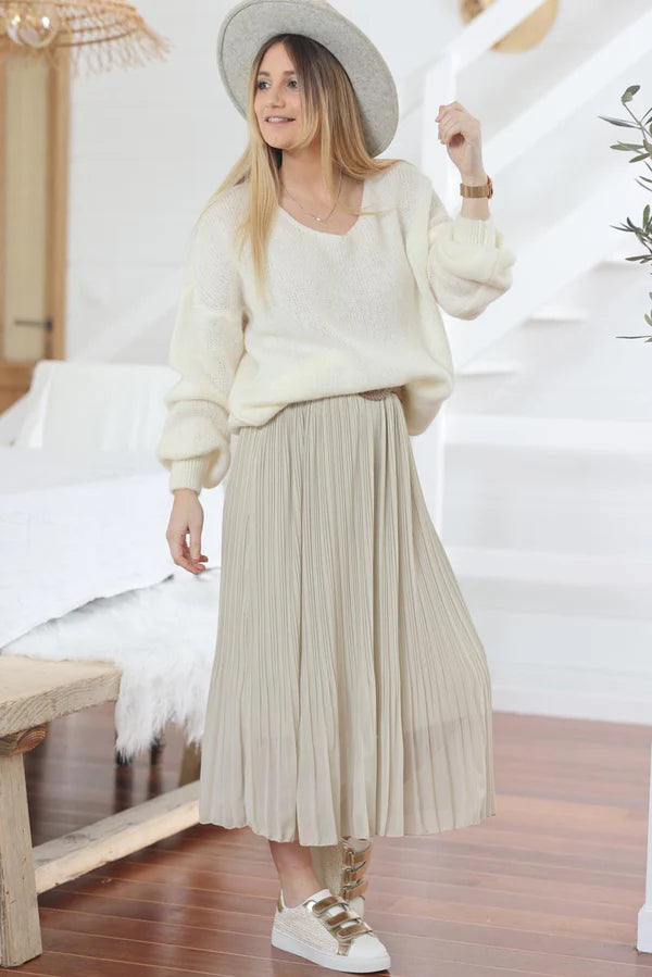 Cream pleated maxi skirt with elasticated glitter waistband