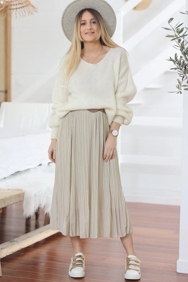 Cream pleated maxi skirt with elasticated glitter waistband