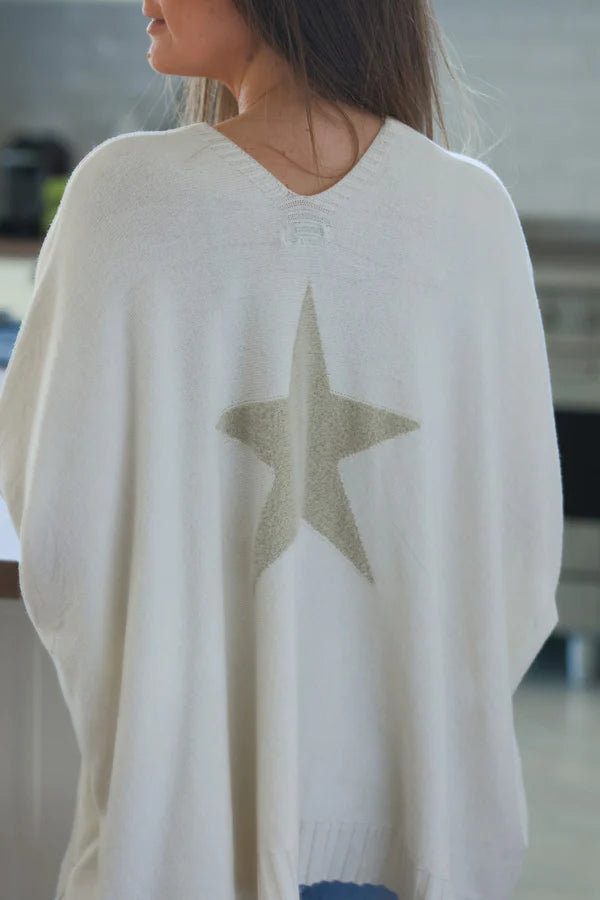 Cream Star Slouchy V-Neck Poncho Sweater