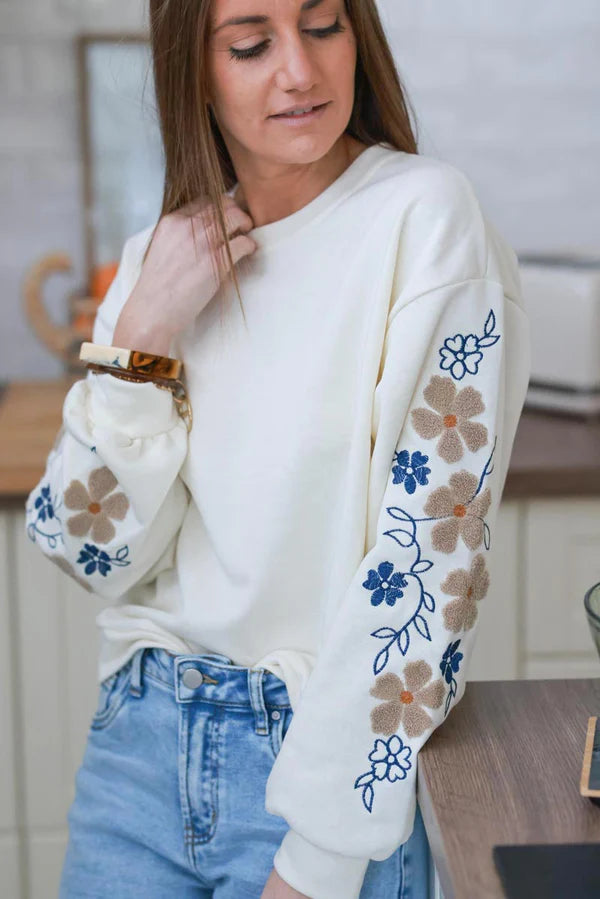 Cream Textured Daisy Sleeve Sweater