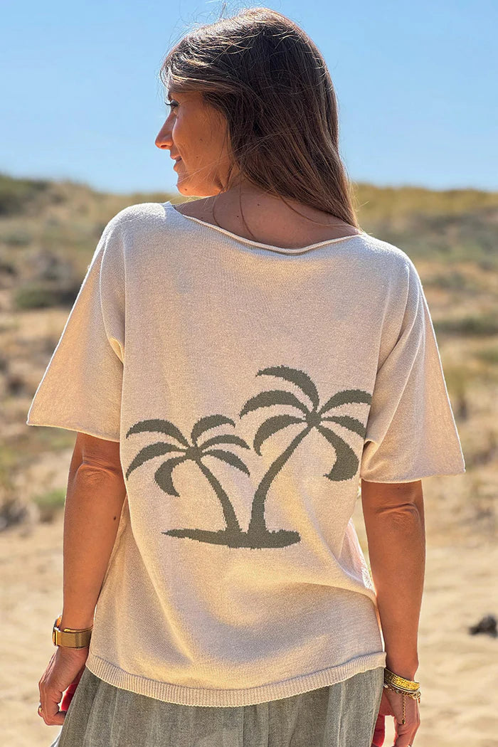 Cream V-Neck Palm Knit Blouse