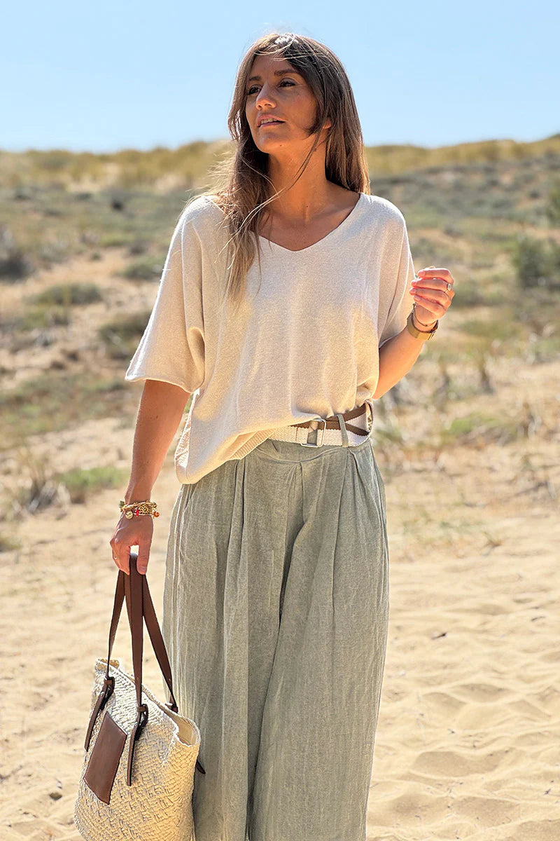Cream V-Neck Palm Knit Blouse