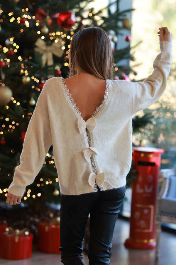 Cream Wool Blend Sweater with Bow Back Detail