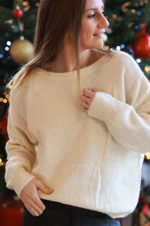 Cream Wool Blend Sweater with Bow Back Detail