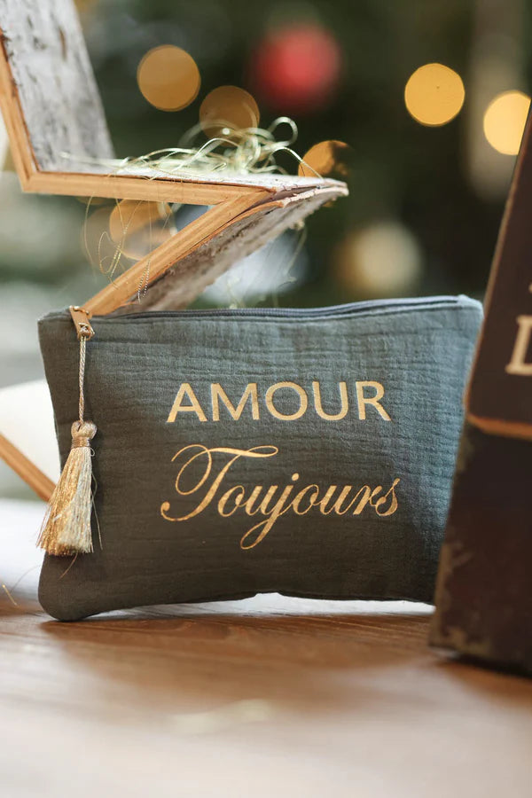 Crinkle Cotton Peacock Blue Pouch Bag 'Amour Toujours' in Gold