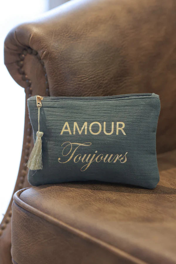 Crinkle cotton Olive pouch Bag 'Amour Toujours' in Gold