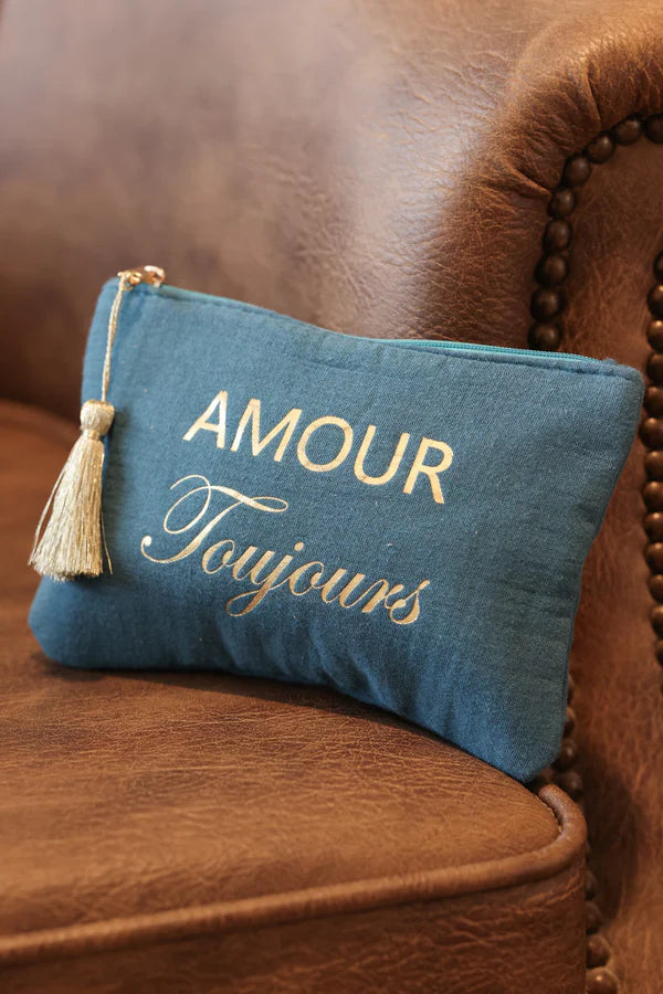 Crinkle Cotton Peacock Blue Pouch Bag 'Amour Toujours' in Gold