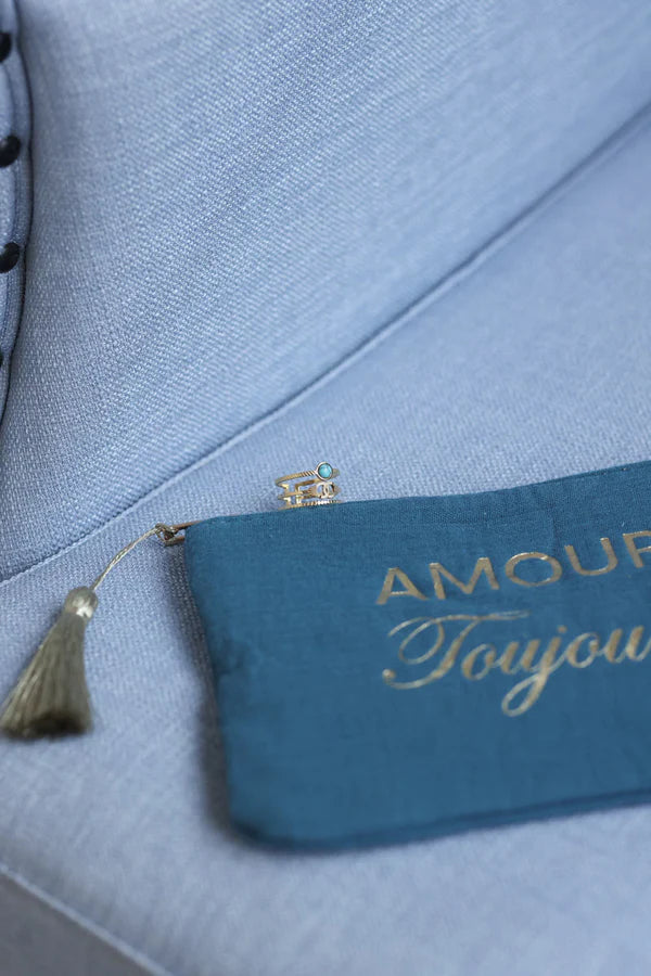 Crinkle Cotton Peacock Blue Pouch Bag 'Amour Toujours' in Gold