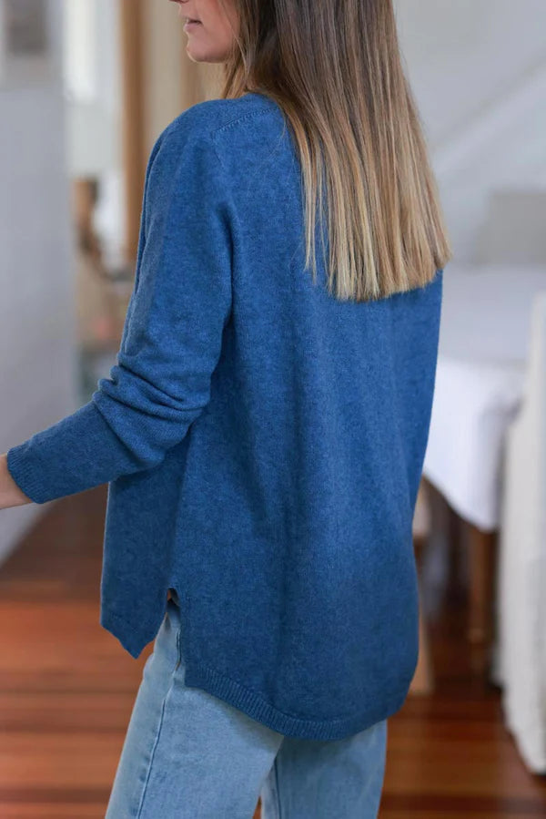 Dark Blue Soft Basic V-neck Sweater