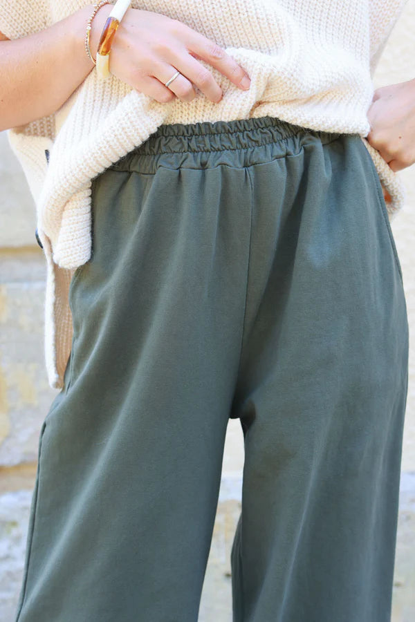 Dark Olive stretch cotton wide leg flared sweatpants