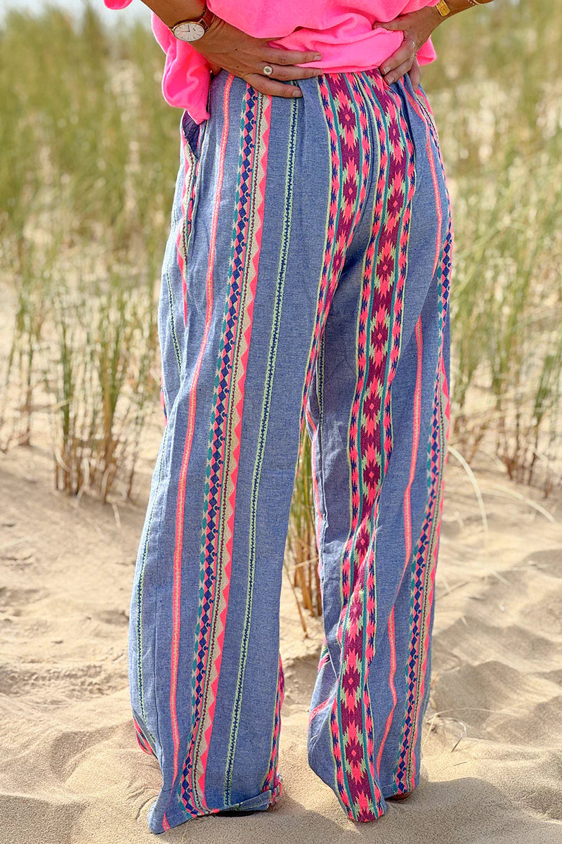 Denim Blue Tribal Stripe Boho Pants
