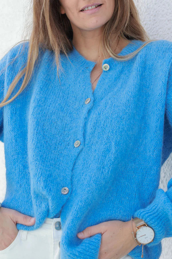 Dusty Blue Soft Knit Alpaca Wool Blend Cardigan