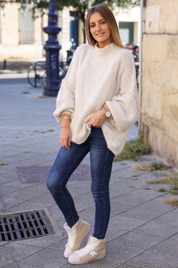 Cream Chunky Knit Sweater Oversized and Funnel Neck