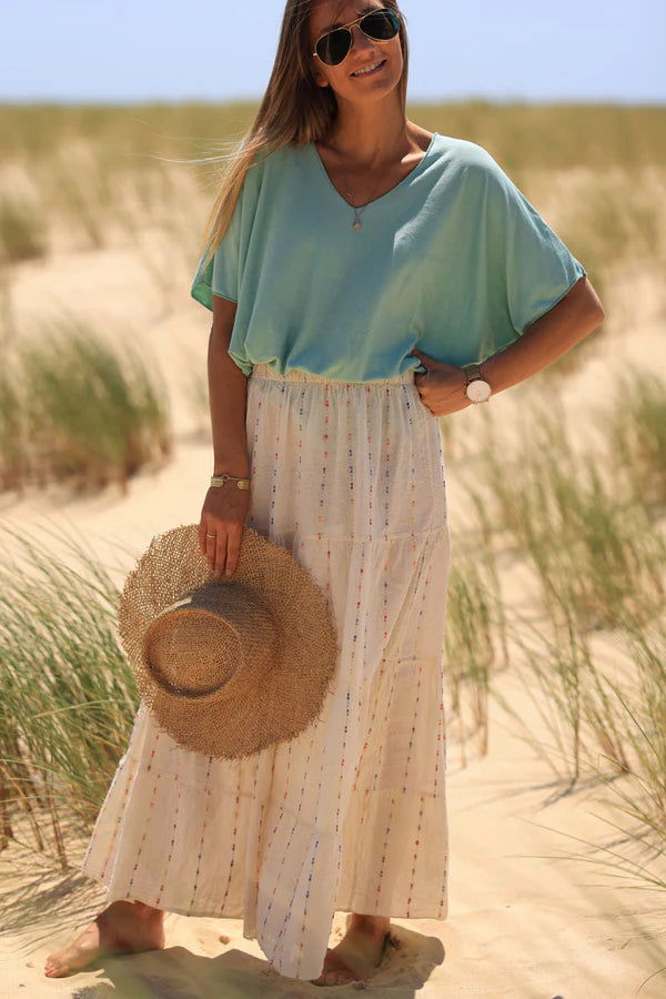 Ecru cotton and linen skirt with colored threads