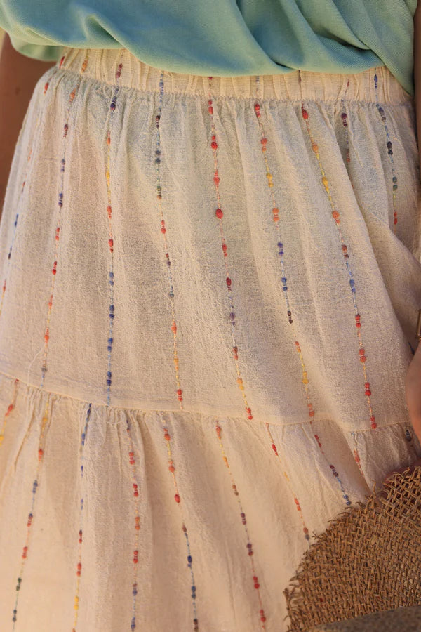 Ecru cotton and linen skirt with colored threads