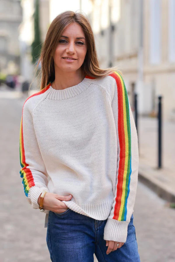 Ecru knit sweater with retro seventies vibe, rainbow sleeves