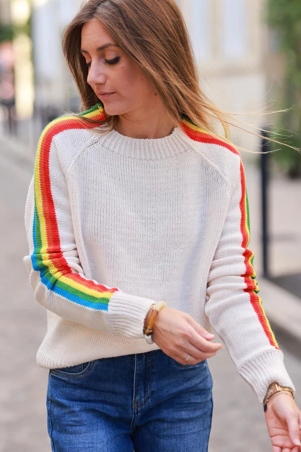 Ecru knit sweater with retro seventies vibe, rainbow sleeves