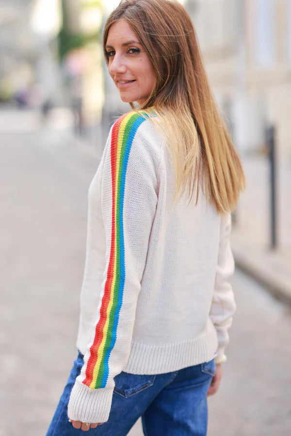 Ecru knit sweater with retro seventies vibe, rainbow sleeves