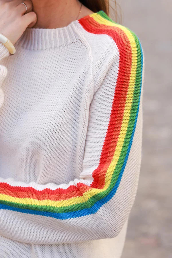 Ecru knit sweater with retro seventies vibe, rainbow sleeves