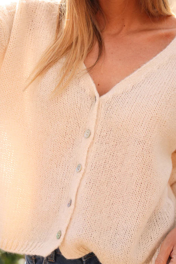 Ecru Mother of Pearl Button through V-Neck Cardigan