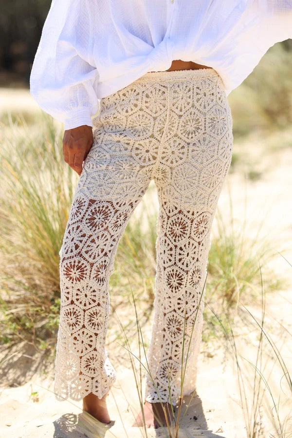 Cream Open Crochet Flared Pants