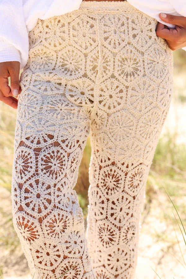 Cream Open Crochet Flared Pants