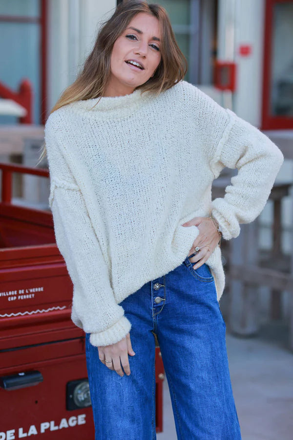 Cream Shearling Knit Turtleneck Sweater