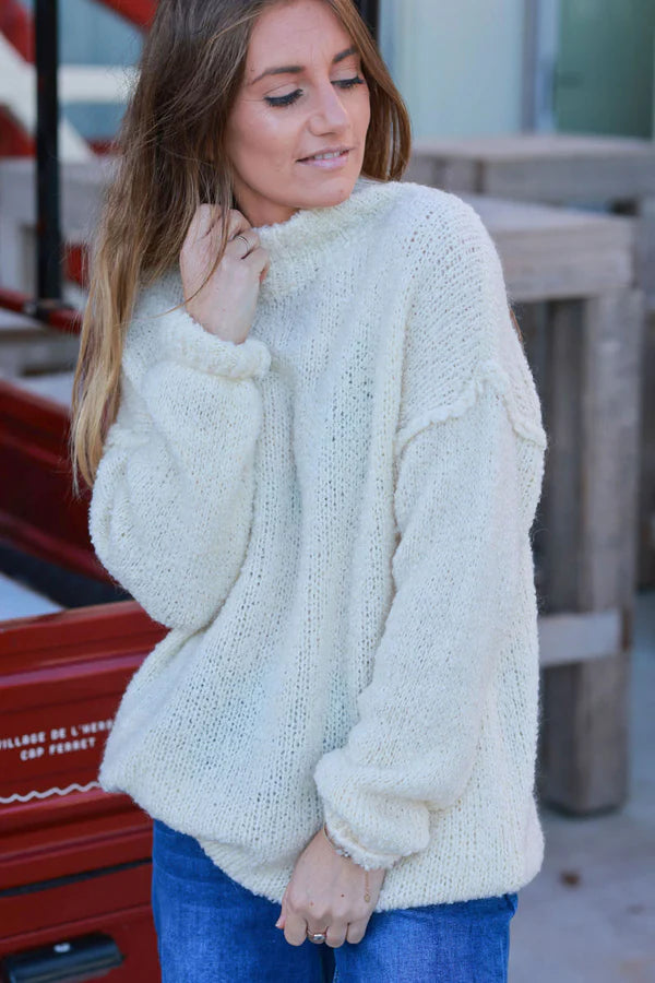 Cream Shearling Knit Turtleneck Sweater