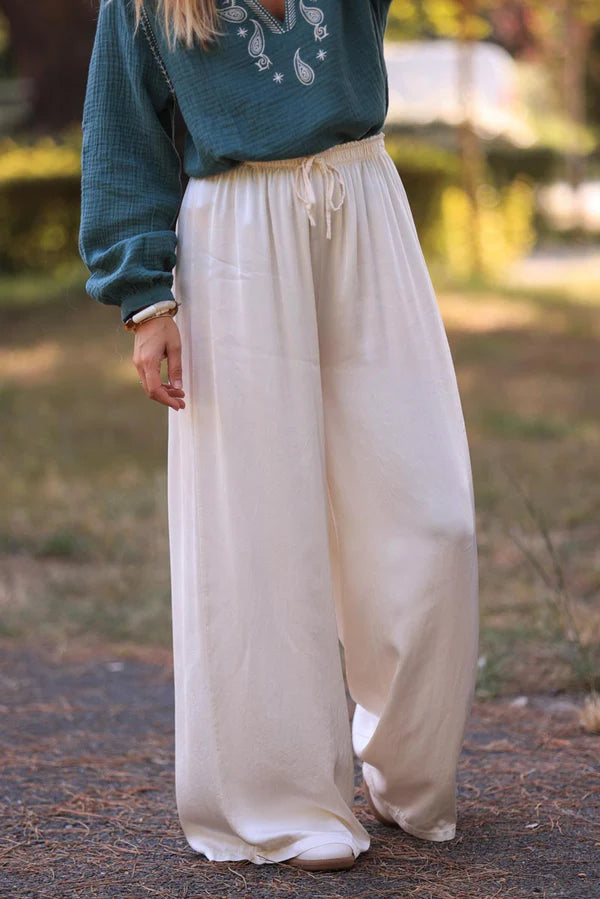 Cream Silky Wide Leg Floaty Pants