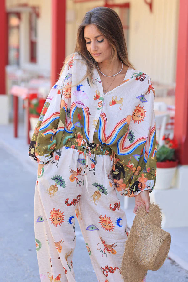 Olive and Cream Tunic with Colorful Zodiac Symbols and Buttons