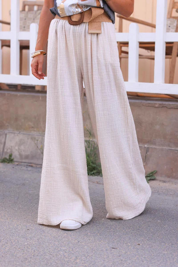 Cream Wide Leg Textured Crinkle Cotton Gauze Pants