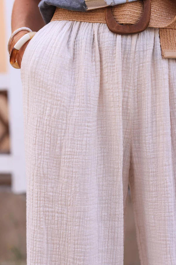 Cream Wide Leg Textured Crinkle Cotton Gauze Pants