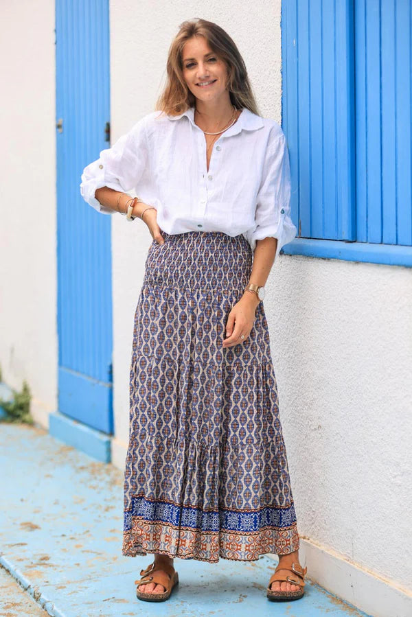 Floaty maxi skirt with blue oval ethnic print